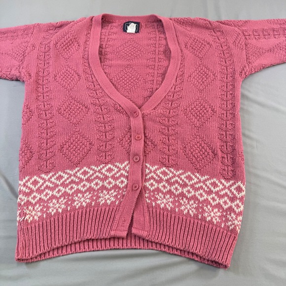 Woolrich Woman Sweaters - Woolrich Woman Vintage Pink Fair Isle Cotton Cardigan Sweater Made in USA Medium
